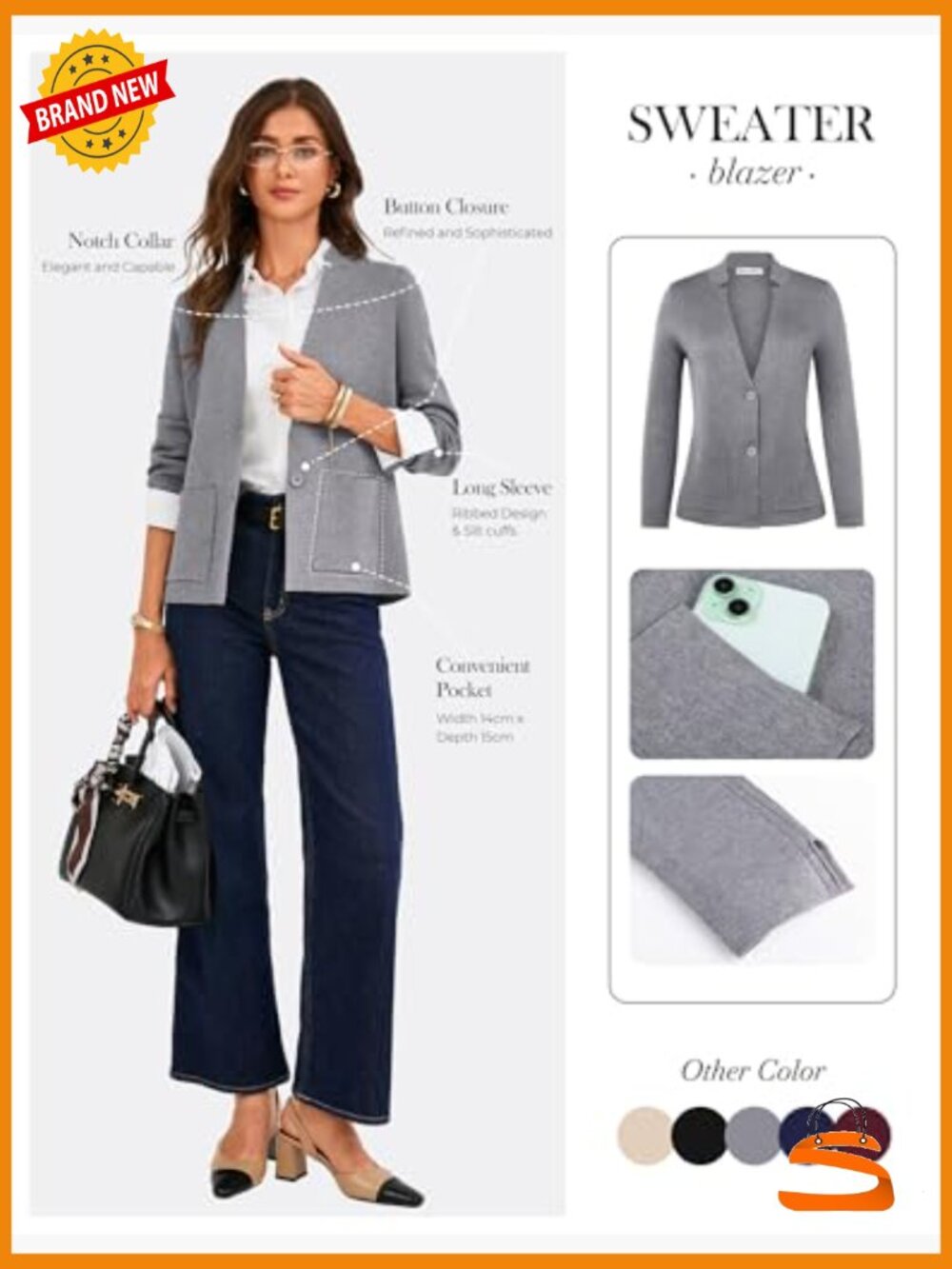 Sweater Blazer Knit Cardigan Business Casual Work Suit Jacket with Pockets - Picture 2 of 7